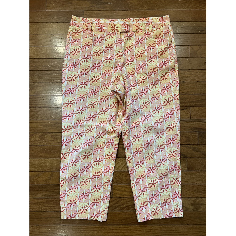 Talbots Women's Floral Geometric Crop Capri Pants Size 14 Stretch Pink Orange